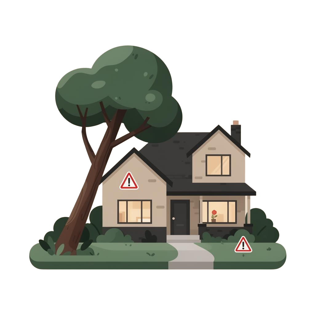 Leaning tree near a home with warning signs